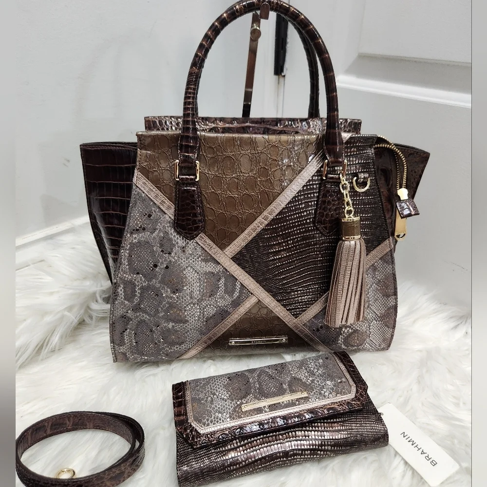 🖤▪️BRAHMIN▪️ TAUPE Tempera PRISCILLA Croc Satchel  Python Patchwork + Wallet